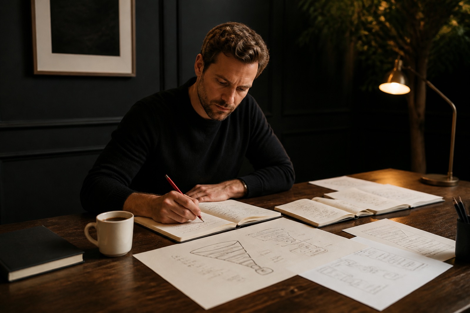 Founder desk with notebooks and a growth map — visual for growth strategy