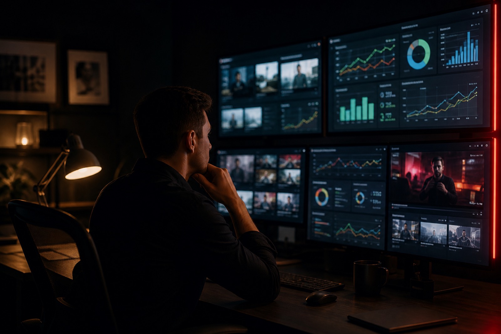 Abstract media war room with campaign dashboards — visual for performance marketing