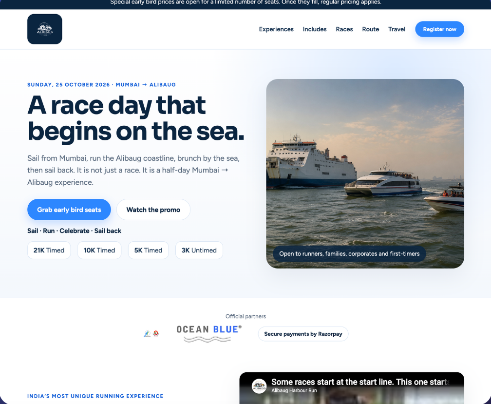 Alibaug Harbour Run landing page for Sports Reconnect